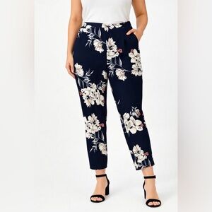 Floral Pull-On Pants Women’s Medium Navy Elastic Back Waist Pockets Medium